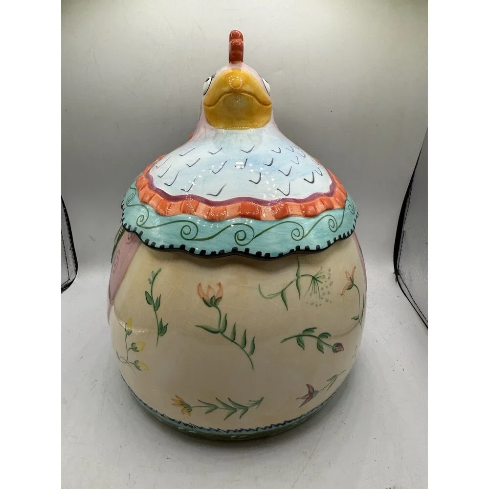 Fitz & Floyd Essentials Kitschy Goofy Eyed Gypsy Pattern Chicken Hen Cookie Jar